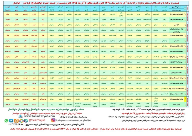 لیست ریز برنامه ها و نقش ذاکرین تعزیه آذر ماه 1395 حسینیه قودجان خوانسار